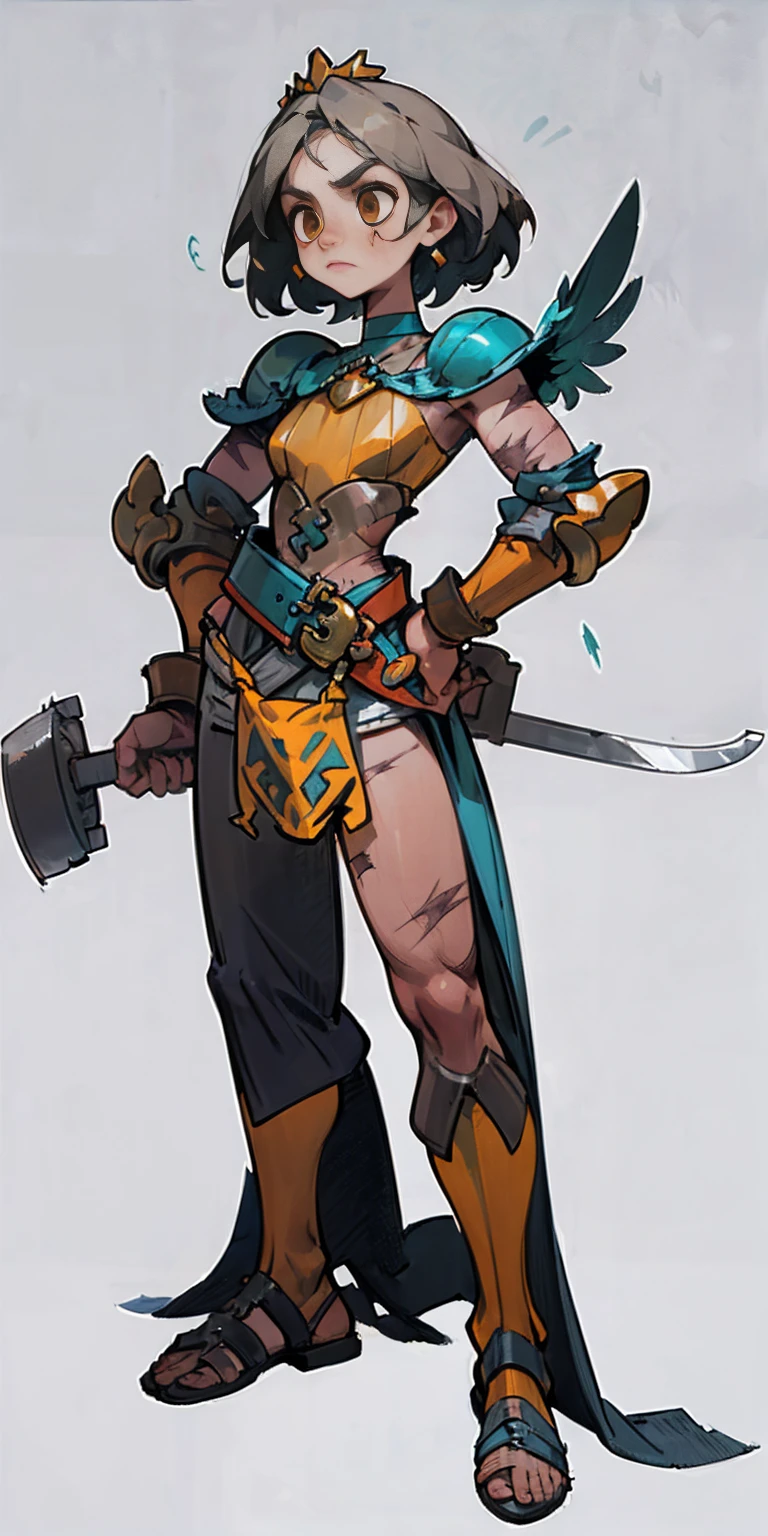 Subject:
1 Solo Female Gladiator
Pose:
Full body, whole body
Standing tall, hands on hips (conveying confidence)
Feet together, conveying a strong stance
View from slightly below, emphasizing her power
Clothing and Armor:
Loincloth (detailed and well-crafted, showcasing her warrior status)
Metal sandals, sturdy and battle-worn
Leather choker, adorned with a gladiator emblem or small spikes (optional)
Big belt, holding additional weapons or pouches (optional)
Bracers on forearms, for protection
Jewelry:
Tiara (can be simple and battle-ready, or adorned with feathers or gladiator symbols)
Additional Details:
Strong, defined muscles
Determined expression on her face
Optional: scars or other battle marks that tell a story of her victories