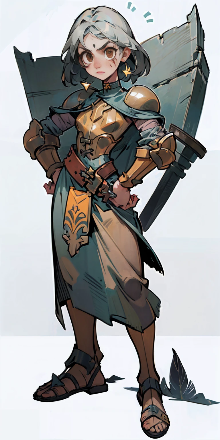 Subject:
1 Solo Female Gladiator
Pose:
Full body, whole body
Standing tall, hands on hips (conveying confidence)
Feet together, conveying a strong stance
View from slightly below, emphasizing her power
Clothing and Armor:
Loincloth (detailed and well-crafted, showcasing her warrior status)
Metal sandals, sturdy and battle-worn
Leather choker, adorned with a gladiator emblem or small spikes (optional)
Big belt, holding additional weapons or pouches (optional)
Bracers on forearms, for protection
Jewelry:
Tiara (can be simple and battle-ready, or adorned with feathers or gladiator symbols)
Additional Details:
Strong, defined muscles
Determined expression on her face
Optional: scars or other battle marks that tell a story of her victories