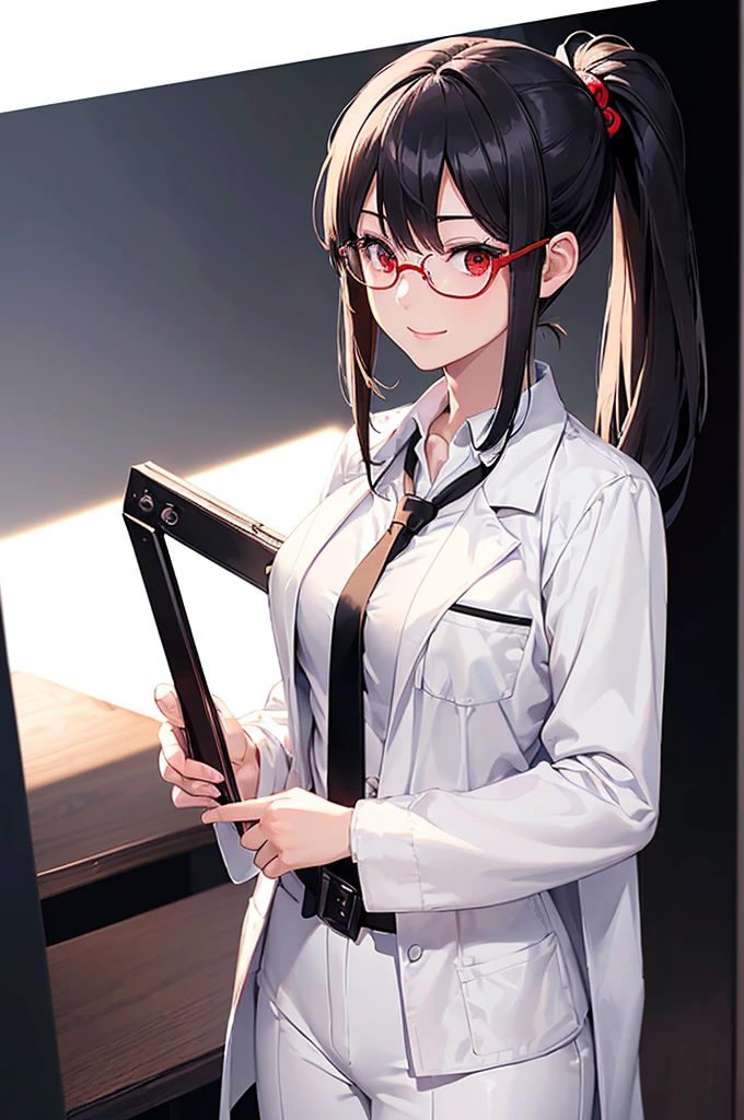 (masterpiece; best quality: 1.2), (finely detailed eyes: 1.3), ((25 year old woman)), ((solo)), (red eyes: 1.4), (body; gorgeous, lithe, femenine: 1.3), (black hair in low-ponytail: 1.3), (beautiful and clear background: 1.2), ((depth of field)), (equipment: white unbuttoned labcoat + black shirt + white tie + white pants + black square glasses: 1.3), (anime illustration: 1.2), (background composition; japanese highschool classroom + furniture: 1.1), (extremely fine and beautiful: 1.1), (shot composition; standing + centered on torso + close-up: 1.5), (expression; calm, smile: 1.2)