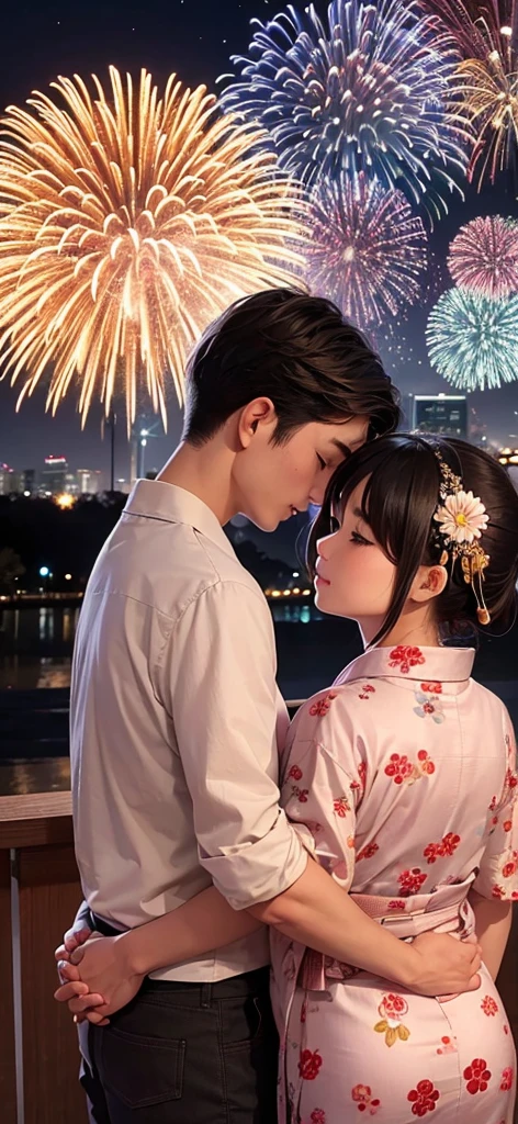 An impressive fireworks display with a couple in yukata standing with their backs to each other
