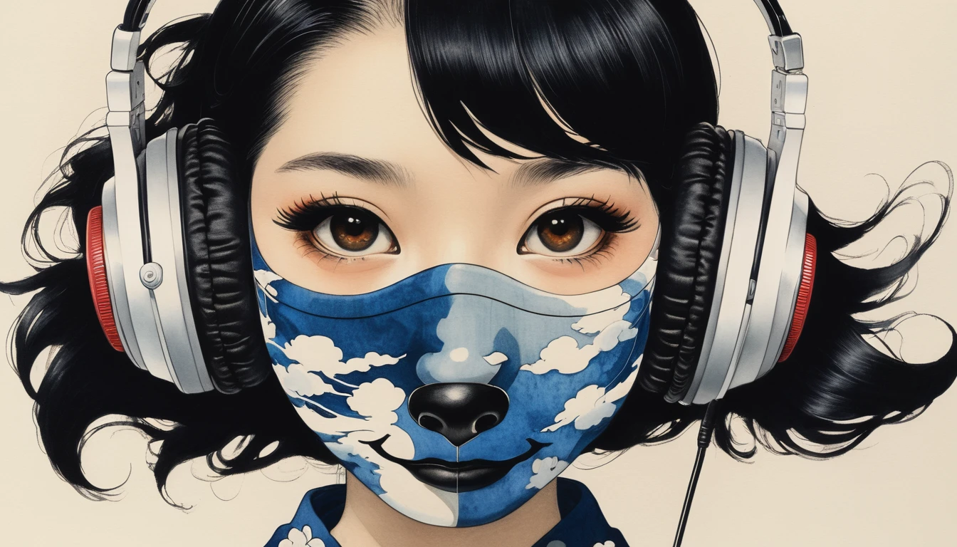 Cover your face with a fox mask, Highest quality, Katsushika Hokusai, Ink Painting, (((1 girl))), Japanese style headphones, beautiful girl, Black Hair, Delicate and precise, Modern ukiyo-e style, Darkness
