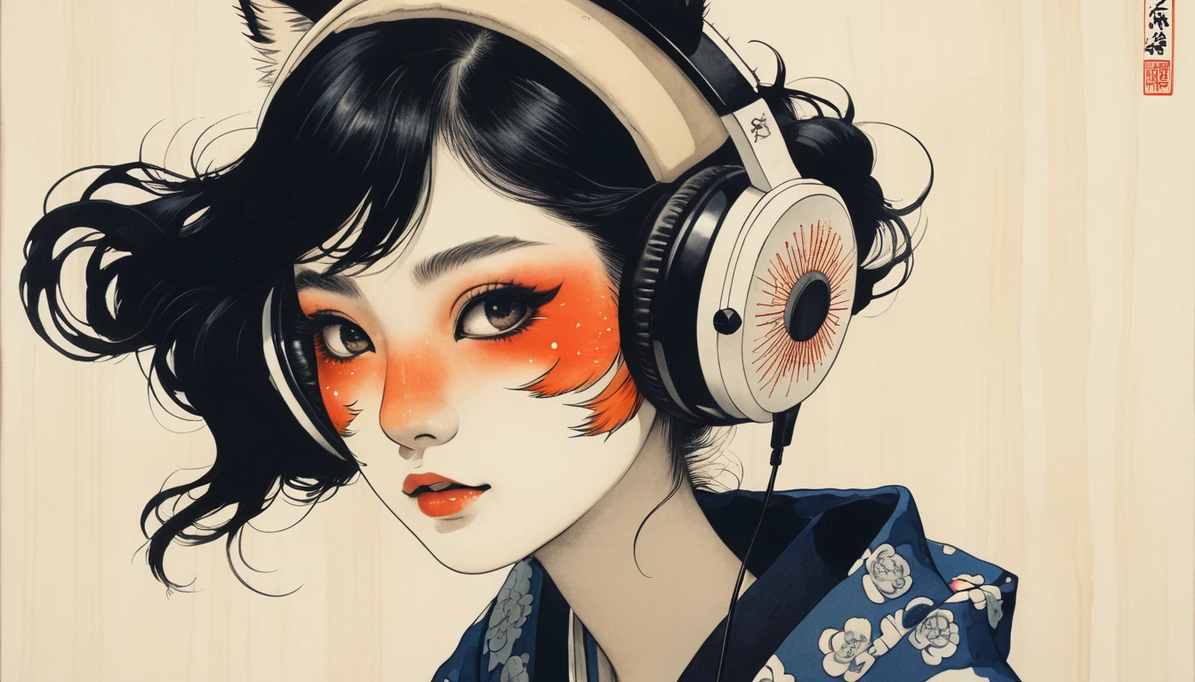 Cover your face with a fox mask, Highest quality, Katsushika Hokusai, Ink Painting, (((1 girl))), Japanese style headphones, beautiful girl, Black Hair, Delicate and precise, Modern ukiyo-e style, Darkness