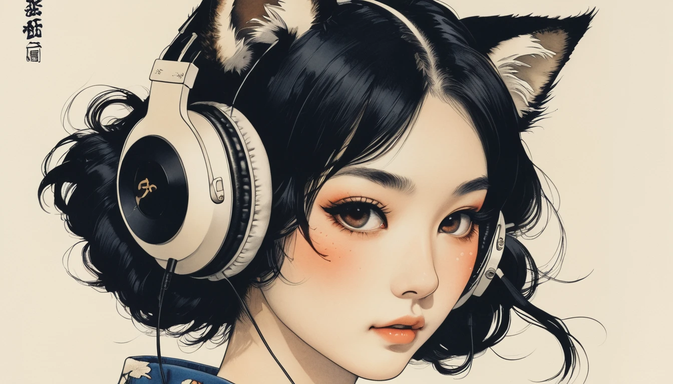 Cover your face with a fox mask, Highest quality, Katsushika Hokusai, Ink Painting, (((1 girl))), Japanese style headphones, beautiful girl, Black Hair, Delicate and precise, Modern ukiyo-e style, Darkness