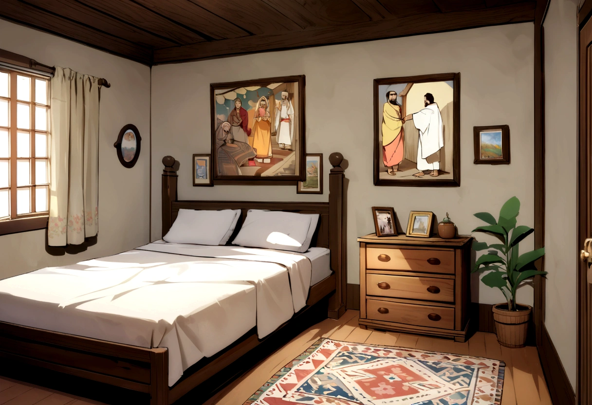 Image Prompt 2:**
   - **Description:** A rustic bedroom in a village home, adorned with handmade quilts and a small wooden nightstand. On the nightstand, there's a framed photograph of Rahul and Geeta, smiling together at a local festival.