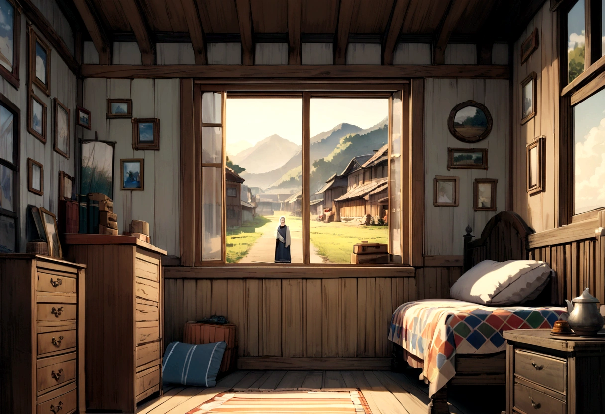 Image Prompt 2:**
- **Description:** A rustic bedroom in a village home, adorned with handmade quilts and a small wooden nightstand. On the nightstand, there's a framed photograph of Rahul and Geeta, smiling together at a local festival.