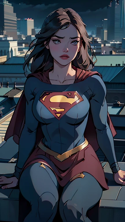 a supergirl sitting on a rooftop building, lost in deep thought, looking at the city, beautiful detailed eyes, beautiful detailed lips, extremely detailed face, long eyelashes, beautiful detailed costume, dynamic pose, cinematic lighting, epic cityscape, moody atmosphere, dramatic shadows, vibrant colors, photorealistic, 8k, best quality, hyper detailed, masterpiece