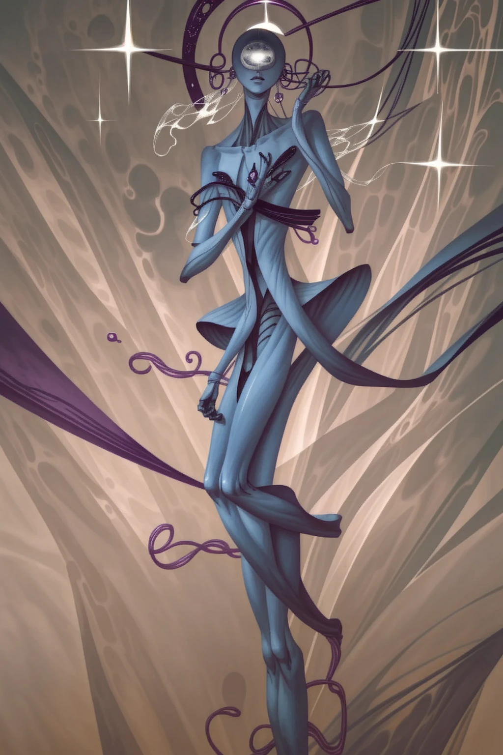 A powerful humanoid figure, a towering faceless entity in a perfect white void, doesn't have a humanoid face, an alien of incredible scale, galactic purple skin, 6 slits across the face pouring with stardust, very long limbs, strange hands with 2 thumbs and 2 fingers on each side, pearly white piercings lining up symmetrical across its abdomen, pearly white and alien jewelry hanging off the sides of its head, bipedal and has two lanky arms, very ethereal form, very prominent (upside-down triangle) mask with 6 slits pouring stardust, large prism shaped head, long ethereal strands falling off its body