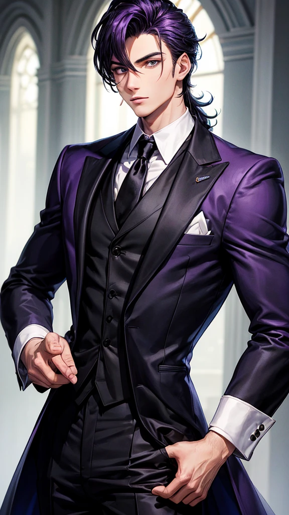 25-year-old purple-skinned man dressed in a black tailored Italian suit, handsome with black eyes and hair