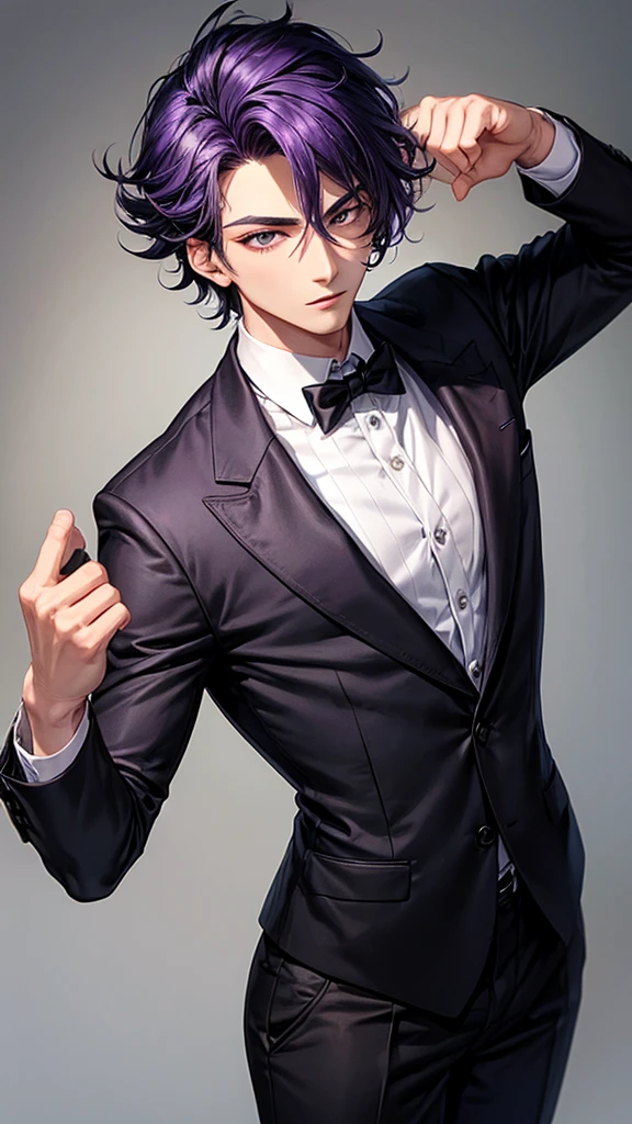 25-year-old purple-skinned man dressed in a black tailored Italian suit, handsome with black eyes and hair