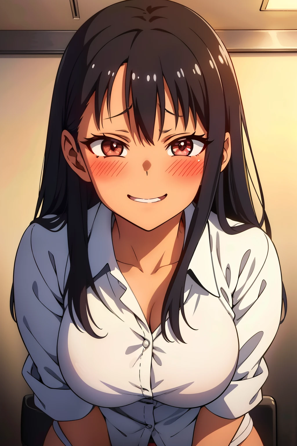 Hayase Nagatoro, with her signature school miniskirt and revealing thong, showcases a half-naked ahegao expression. Her eyes gleam with mischief as she flips her long, black hair, revealing the subtle blush on her cheeks. Her pose is playful, with one hand caressing her cheek and the other pointing at herself in amusement. The focus is on her ultra high-res, ultra-detailed face, featuring vibrant colors and sharp focus, with bokeh background to highlight her prominently. The scene is set indoors, under the soft glow of artificial lights. Thehint of a  jacket, slightly open, adds to her seduct