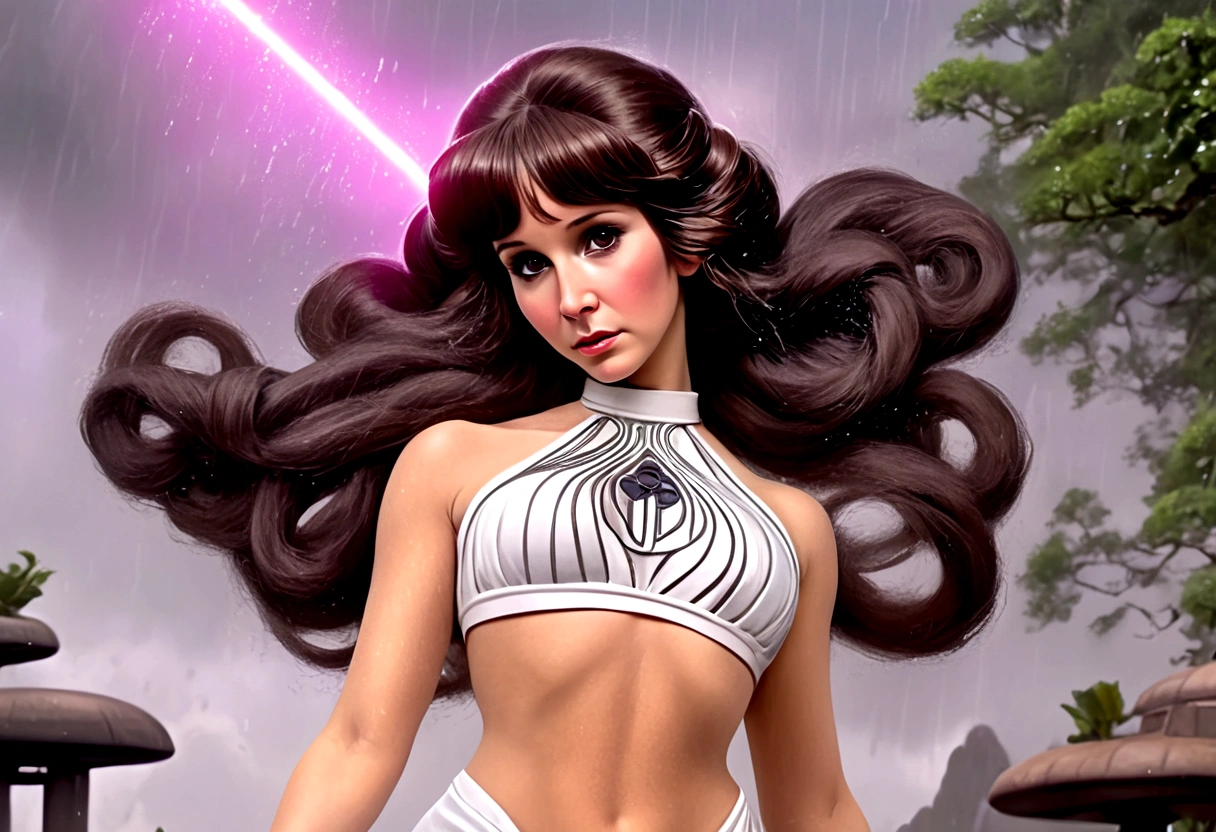 Star Wars, Princess Leia (portrayed by a cute woman, white airy dress, honeybun hair do) is dancing in the rain, lush garden on Alderaan, flying sky whales in the background