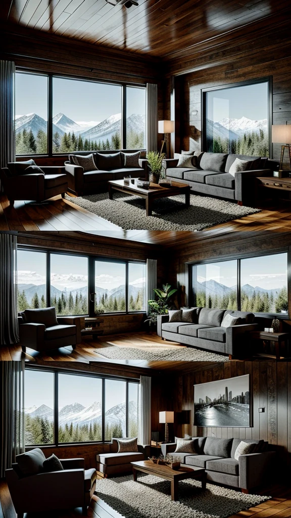 Around fifty view of living room with sofa and coffee table, Living room atmosphere, Warm living room, Warm interior, Vast cinematic scenery, 8k Very detailed ❤🔥 🔥 💀 🤖 🚀, Highly realistic Unreal Engine, Cozy living room, Pleasant atmosphere, 8k highly detailed ❤️‍🔥 🔥 💀 🤖 🚀, in a cabin, Detailed view,Large window panes