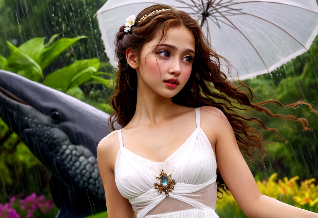 a woman with honeybun hair, beautiful detailed eyes, beautiful detailed lips, extremely detailed face, long eyelashes, wearing a white airy dress, dancing in the rain, in a lush garden on Alderaan, flying sky whales in the background, 1girl, digital art, oil painting, cinematic lighting, warm colors, dramatic, hyperrealistic, 8k, best quality, masterpiece, photorealistic, ultra-detailed