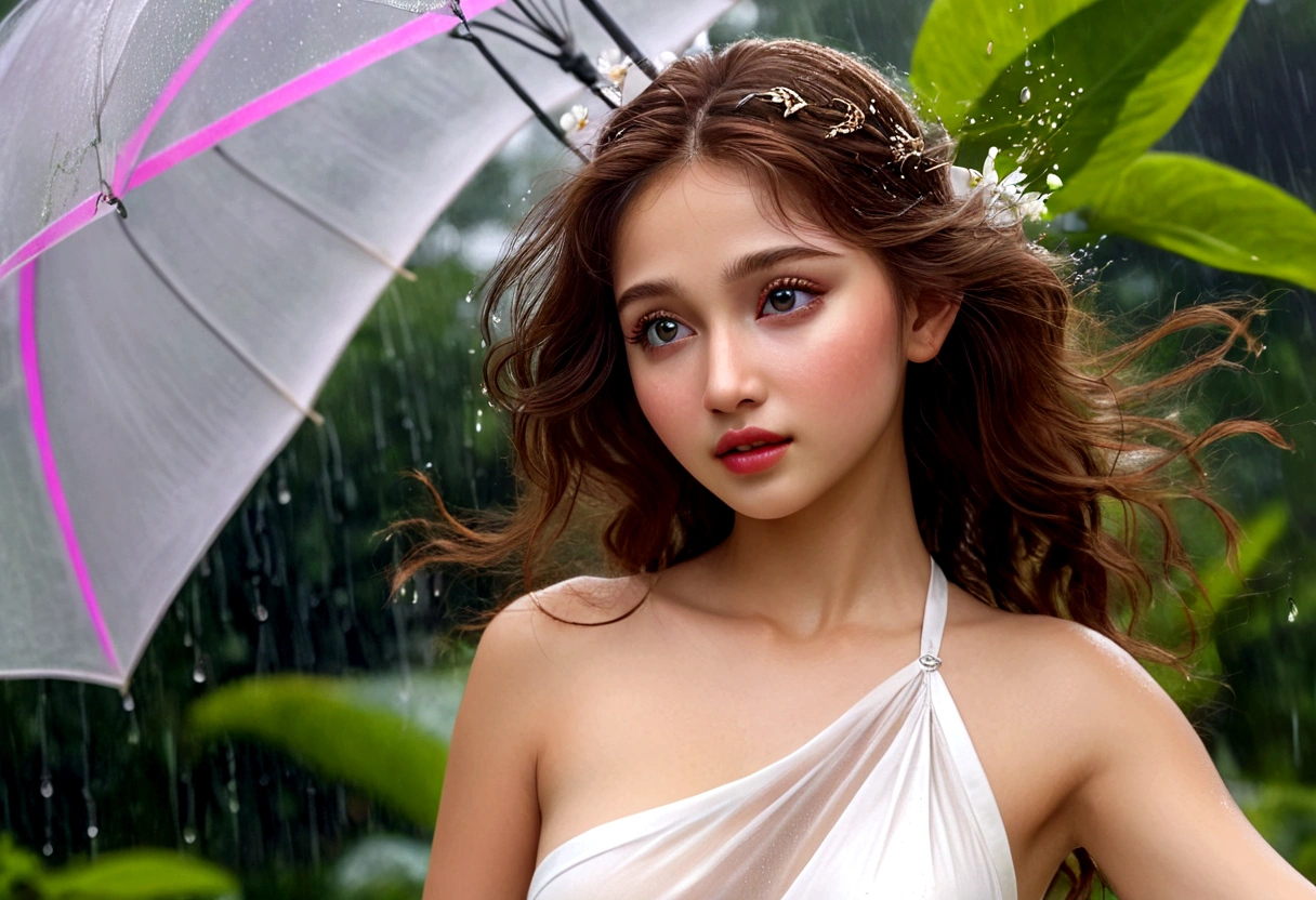 a woman with honeybun hair, beautiful detailed eyes, beautiful detailed lips, extremely detailed face, long eyelashes, wearing a white airy dress, dancing in the rain, in a lush garden on Alderaan, flying sky whales in the background, 1girl, digital art, oil painting, cinematic lighting, warm colors, dramatic, hyperrealistic, 8k, best quality, masterpiece, photorealistic, ultra-detailed