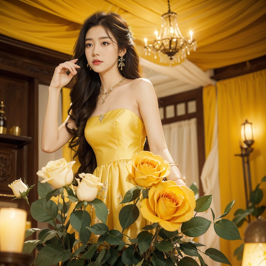 (((best quality))),(((ultra detailed))),(((masterpiece))),illustration, a stunning young girl amidst a sea of yellow roses, yellow rose petal dress,slim,thin, fair skin,shoulder length straight chestnut hair,earrings,necklace,intricate patterns, embellishments, ethereal charm, sparkling eyes, gentle smile,flat chest,small breasts, innocence and grace, yellow roses background, full bloom, fragrance of roses, enchanting presence, delicate fingers, admiration, beauty and nature blend, striking appearance, vibrant yellow color, harmonious equilibrium,lasting impression,standing,((upper body,from front)),night scene,indoor