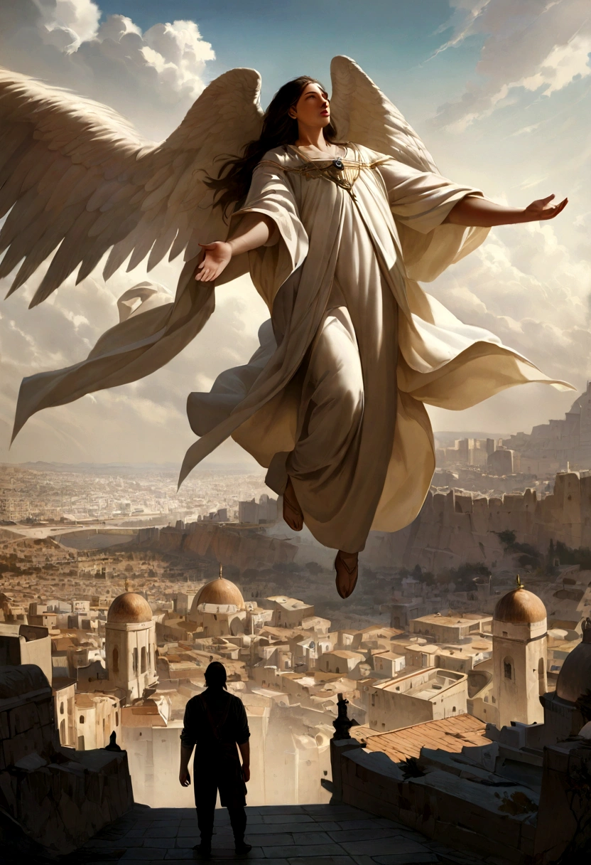 hyper realistic painting, with Israel in the background, And Jesus and the Archangel Michael hovering over the city with their hands in the form of prayer