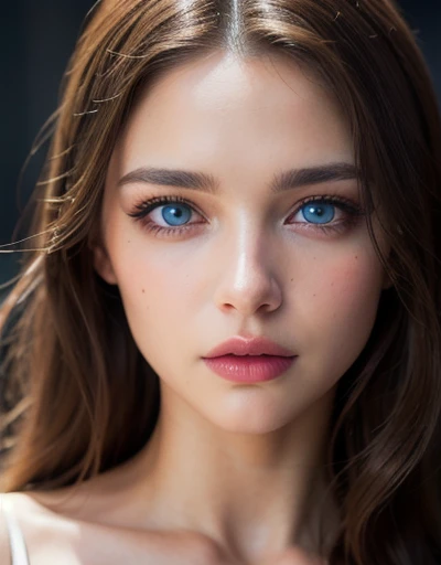 a beautiful brunette woman with heterochromia eyes, one blue eye and one brown eye, long wavy hair, mole under right eye, elegant portrait, realistic, cinematic lighting, dramatic, fantasy, dreamlike, striking beauty, flawless skin, high-quality, masterpiece, 8k, hyper-detailed, photorealistic