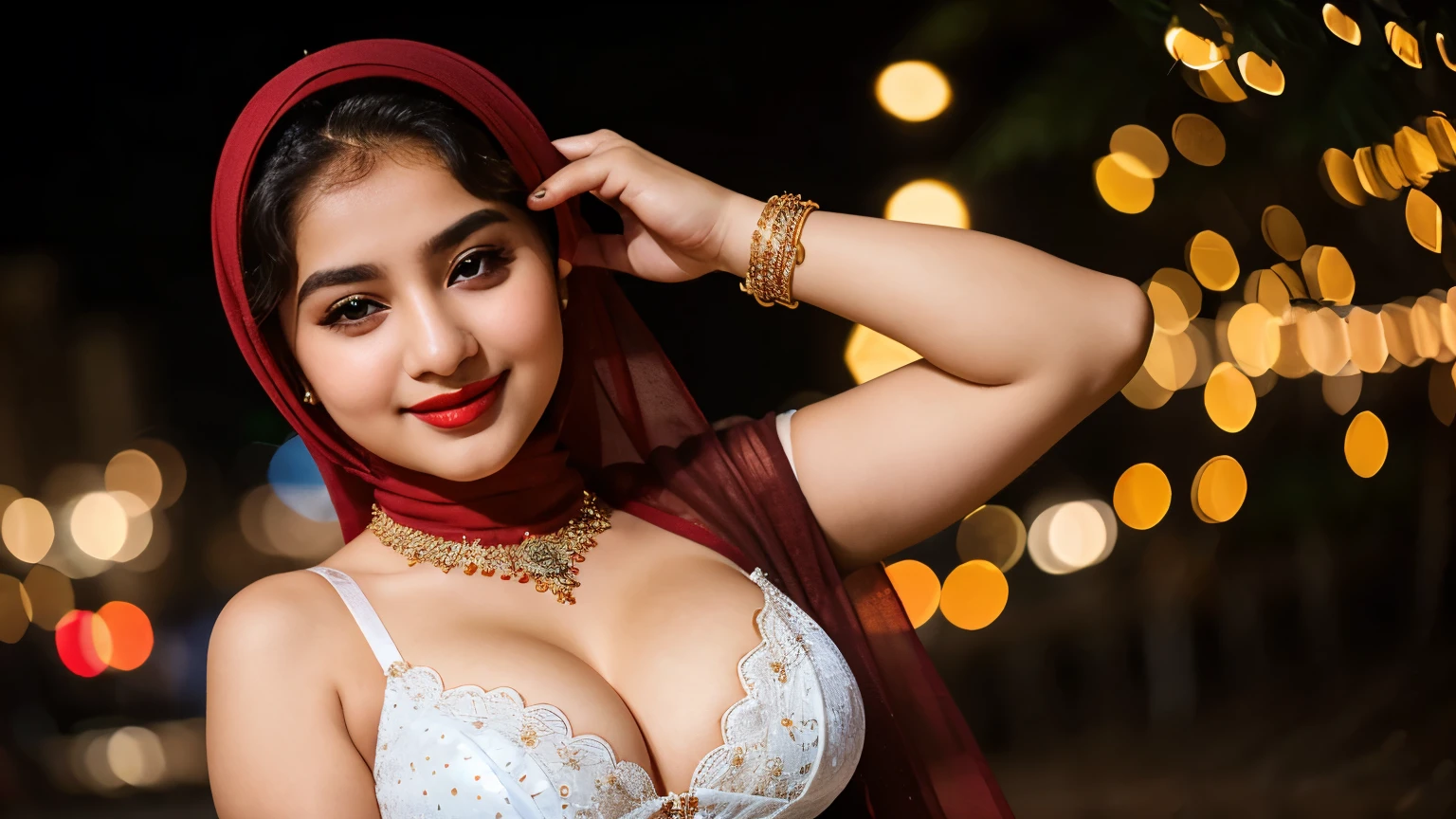 Beautiful, cute baby Face, 16 Years old Pakistani Girl, red lipstick, sensual Lipstick, dark red lipstick,blue eyes, (wearing hijab) and sexy kebaya dress, Rounded big Breast, cleavage cutout, slightly Chubby , luxury necklace, White Skin, Smiling, Dark City Background, mid shot, upper body, Perfect Potrait, Bokeh Effect, Look at Viewer, Armpit, Perfect Eye, Perfect Hand, Perfect Finger, Bracelet, Ring, big breast with bra, ((adorable:1.2)), ((masterpiece:1.1)), ((bokeh:1.2)),