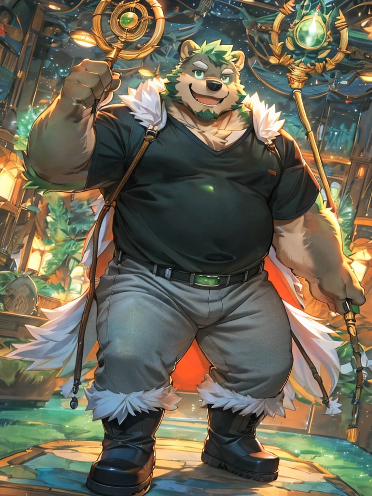 anthro, kemono, male, solo, ((round face, very plump face, thick beard)), (((dark beard))), ((endomorph body type, old-aged, mature)), ((green bear, bear) fluffy fur, fluffy), (high quality, highres, masterpiece), (dynamic lighting, vivid color), (generous smile), (face focus), front view (close up), cartoon, (((green bear))), (((green fur))), green hair, beard, white eyebrows, bald, red eyes, tall, (((hold metal staff, black t-shirt inside, white long coat unhood, gray trousers, boots))) by zixiong, by takemoto arashi, by zixiong, (by null-ghost:0.8), (by t.y.stars:0.4),