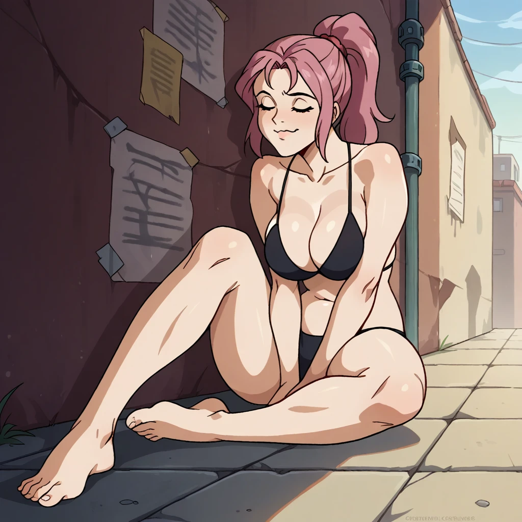 Masterpiece , best quality , Masterpiece , best quality , 1 woman , Close your eyes. , Pink ponytail , sly face , black bikini , abdomen , , Long legs , Barefoot , Sit down on the ground. , spread your legs , leaning against the wall , alley