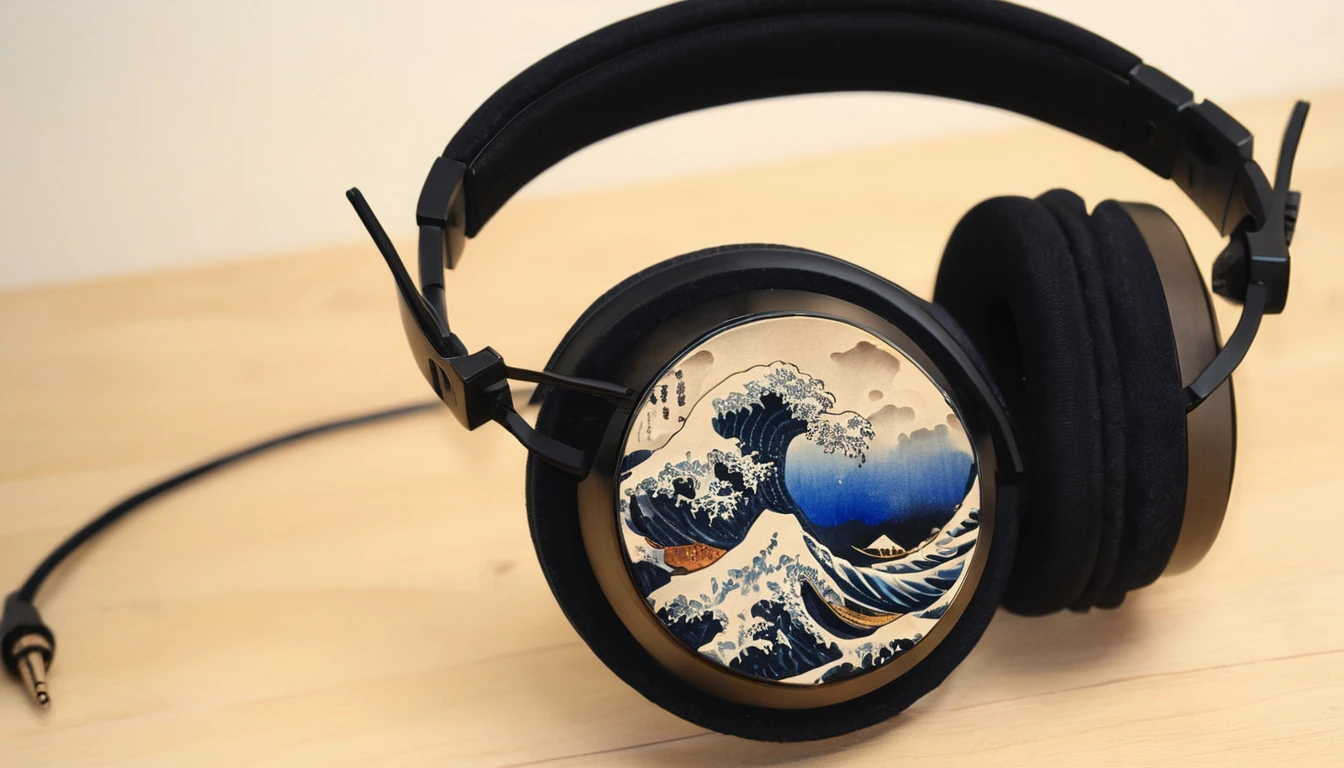 fox mask, Highest quality, Katsushika Hokusai, Ink Painting, Japanese style headphones