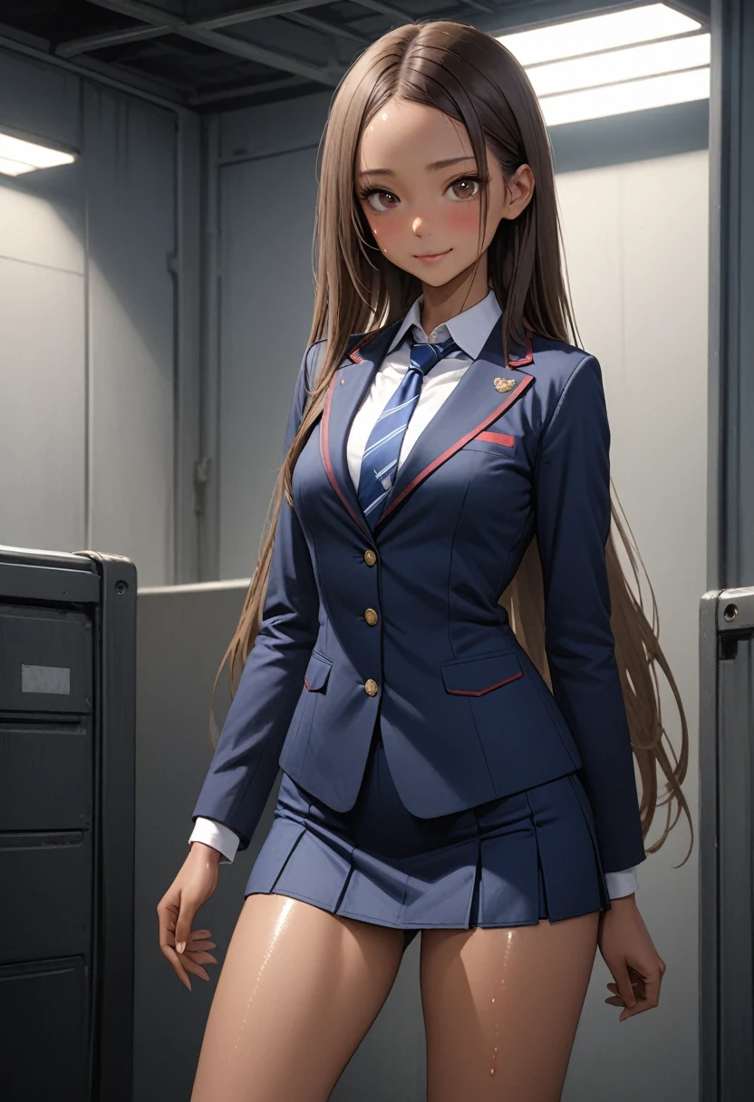 (masterpiece,Highest quality:1.3,best quality illustration,realistic),cowboy shot,1woman,20 year old Japanese beauty,(very small head:1.3),Long brown hair,bangs,brown eyes,gorgeous eyes,blush,smile,small breasts,(very long bod:1.3),(toned body,slender body,skinny,tan skin),(Navy uniform navy blue blazer jacket、White Shirt、Navy blue tie、Navy blue tight mini skirt),gleaming skin,shiny skin,sweat,standing,Naval Base、Tokyo、