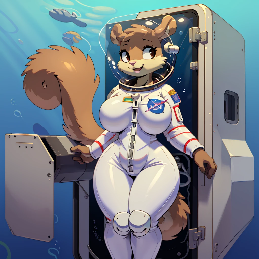 (masterpiece), ((perfect anatomy)), (high Res), (4k), squirrel, huge breast, wide hips, (((astronaut suit))), underwater, happy, ((((anime artstyle)))), (((solo))), narrow waist, black eyes