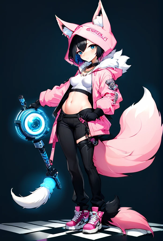Oh, league of legend, sexy for, wallpapers, detailed eyes, fox ear, (fox tails), a skirt, (long pink fur), medium breasts, Looking at_Shown in_Looking atl espectador, short_Hair, gloves, belly button, fail, Blue_there are eyes, Eternal, full_body, weapon, Footwear, Necklaces, negro_gloves, pulp, hooded, Hair_overcome_Yoon_there are eyes, cultivator_above, hoodie, negro_pants, sneakers, cut_Jacket, cyber punk character, cut_hoodie, ((anatomically perfect:1.5))