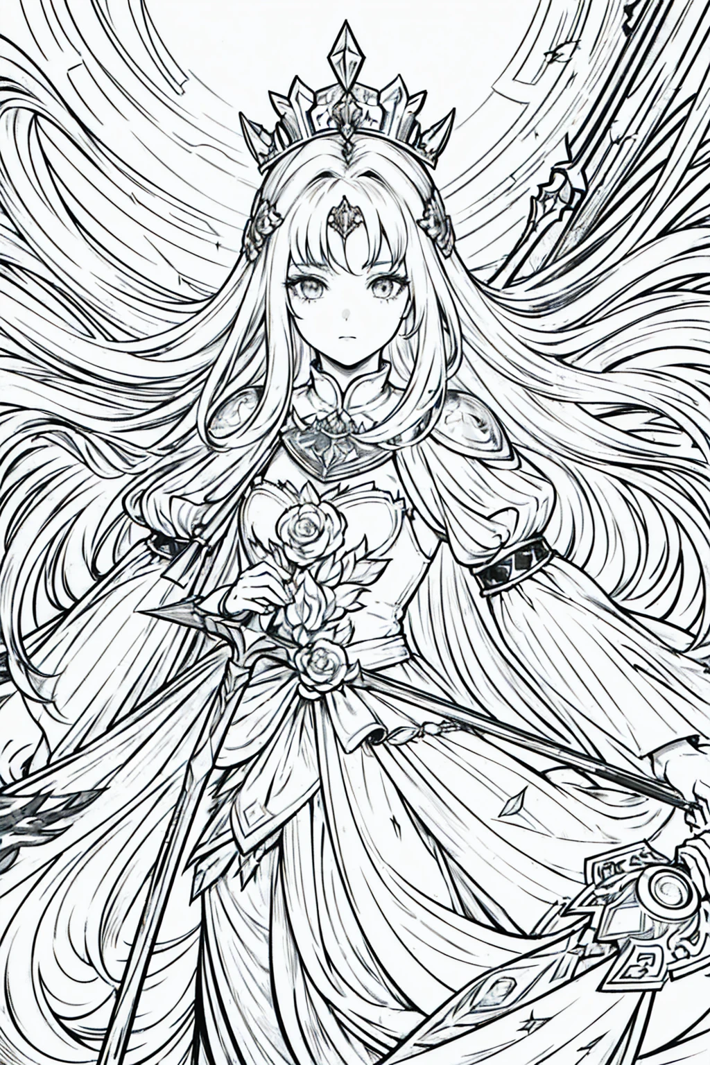 (masterpiece), hres, high quality, 4k, unity render, 1girl, solo, lineart, (monochrome:1.2), intrincate detailed,Proud white long hair,Thorny Crown,Holding a knight's spear,Dirty clothing,dazzle light,Flying noise,