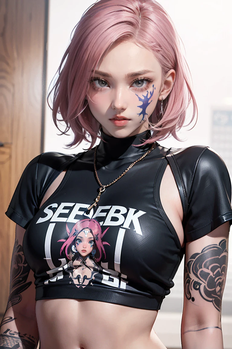 Pink Hair, Perfect Style, Beautiful Face, Highly detailed face and skin texture, (Maximum resolution: 1.2), 1 female, alone, Hip Up, jewelry, (((She has many tattoos all over her body)), Streetwear, I'Exercising at the gym, Pink Hair, Shorts, Sports boots, (((Tight waist))), ((Big Breasts)),NSFW