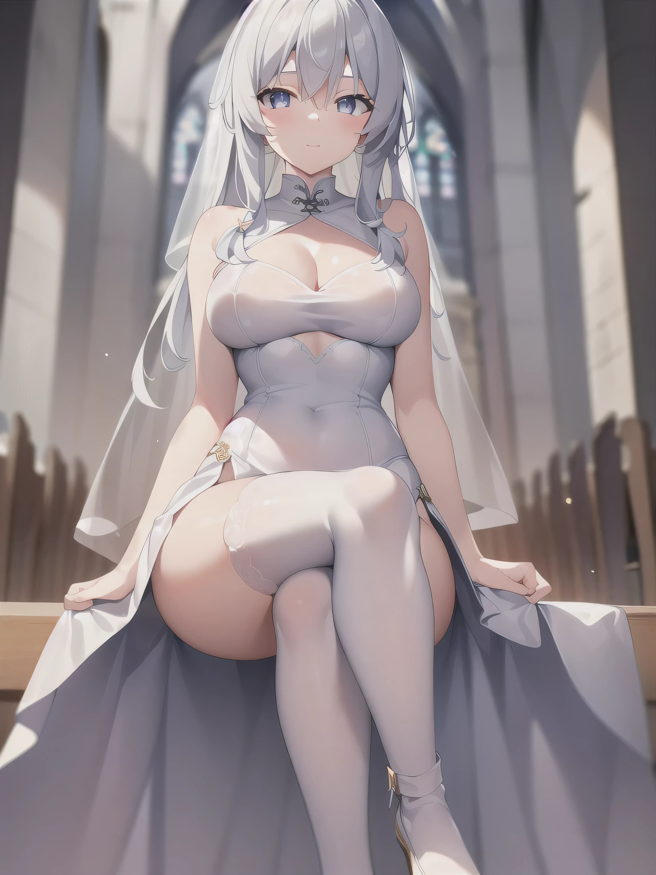 A girl,Long hair, bangs, White hair, Hair between the eyes, s eyes:(1.5), (Large Breasts:1.2),
rest clavicle, Wedding dress,Veil,wedding,White Dress,Flowers,The skirt is broken,White socks,Tights,White knee socks,
Looking at the audience, whole body,
indoors, church,permanent,permanent,
rest (masterpiece:1.2), best quality, high resolution, 8k wallpaper, (illustration:0.8), (Beautiful and delicate eyes:1.6), Extremely detailed face, Perfect lighting, Extremely detailed CG, (Perfect hands, Perfect anatomical structure),
