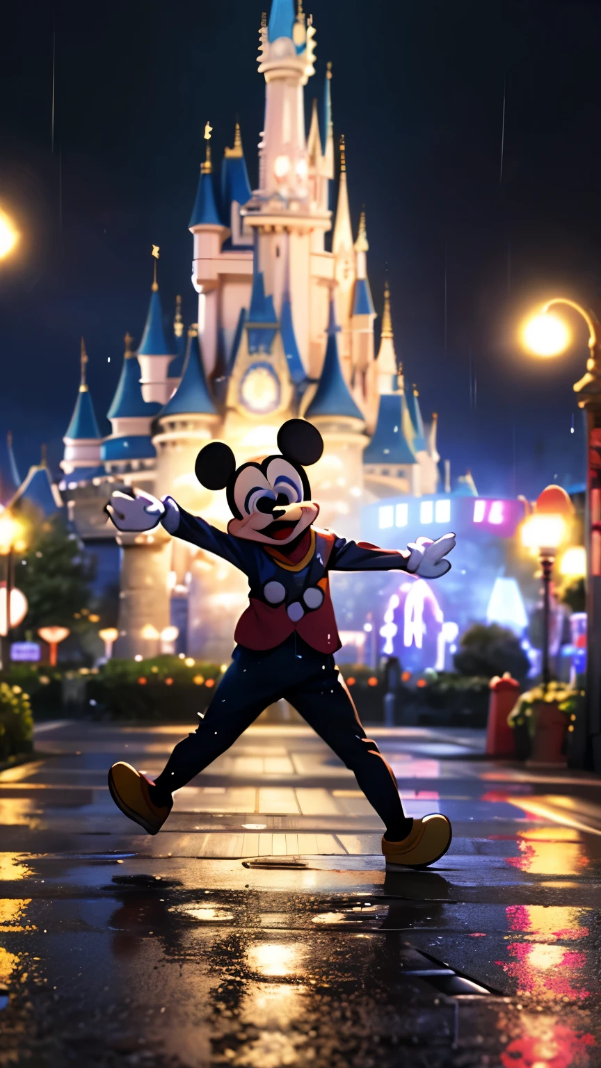 Highest quality, Super quality, 16K, Incredibly absurd, Very detailed, 2.5D, delicate and dynamic, Movie Scenes, Opera, official, Theme park, Disneyland, Disney Characters, night, rain, The road surface is wet, Colorful light reflected in a puddle, Mickey Mouse March, Mickey Dance