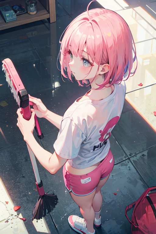 Disney Pixar style, cute girl with short pink hair with bangs, wearing white tshirt and pink shorts, view back, looking away, cleaning the floor with a squeegee and cloth, realistic, 8k