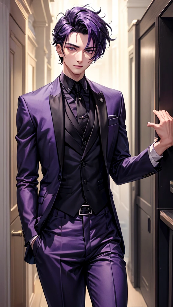 25-year-old purple-skinned man dressed in a black tailored Italian suit, handsome with black eyes and hair 🖤