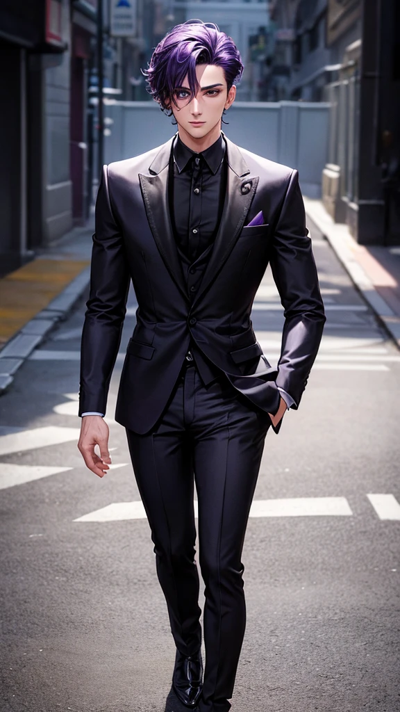 25-year-old purple-skinned man dressed in a black tailored Italian suit, handsome with black eyes and hair 🖤