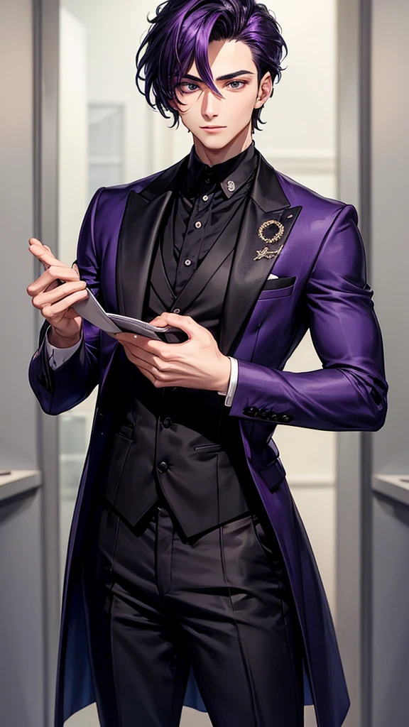 25-year-old purple-skinned man dressed in a black tailored Italian suit, handsome with black eyes and hair 🖤