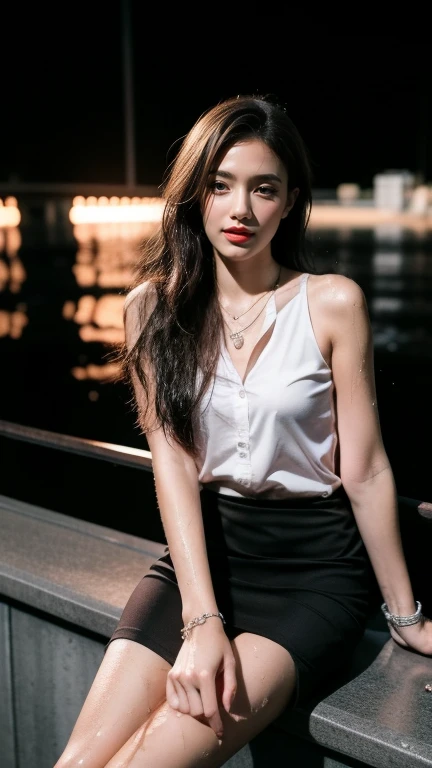 (realistic:1.5, 16K, Highest quality, Masterpiece, Ultra high resolution), ((typhoon heavy rain, from below)), Perfect dynamic composition:1.2, (modern city at night, expression of sadness:0.9, sitting on the stairs:1.0), Highly detailed skin and face:1.2, Young Japanese woman wet from the rain:1.3, Incredibly slim figure:1.2, Beautiful skin:1.2, Sexy Beauty:1.1, beautifully、about beauty:1.1, Very beautiful face:1.2, water droplets on the skin, (Rain falls on my body:1.2, wet body:1.2, Wet hair:1.3), (wet pink tight skirt:1.2, Wear wet girl clothes:1.3), (big breasts, Good shape, chest gap), (Big eyes that shone with a beautiful gleam..:0.8, Lips that shine brightly and beautifully.:0.8), necklace, earring, bracelet, wedding ring, Shoulder bag, clock