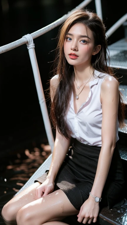 (realistic:1.5, 16K, Highest quality, Masterpiece, Ultra high resolution), ((typhoon heavy rain, from below)), Perfect dynamic composition:1.2, (modern city at night, expression of sadness:0.9, sitting on the stairs:1.0), Highly detailed skin and face:1.2, Young Japanese woman wet from the rain:1.3, Incredibly slim figure:1.2, Beautiful skin:1.2, Sexy Beauty:1.1, beautifully、about beauty:1.1, Very beautiful face:1.2, water droplets on the skin, (Rain falls on my body:1.2, wet body:1.2, Wet hair:1.3), (wet pink tight skirt:1.2, Wear wet girl clothes:1.3), (big breasts, Good shape, chest gap), (Big eyes that shone with a beautiful gleam..:0.8, Lips that shine brightly and beautifully.:0.8), necklace, earring, bracelet, wedding ring, Shoulder bag, clock