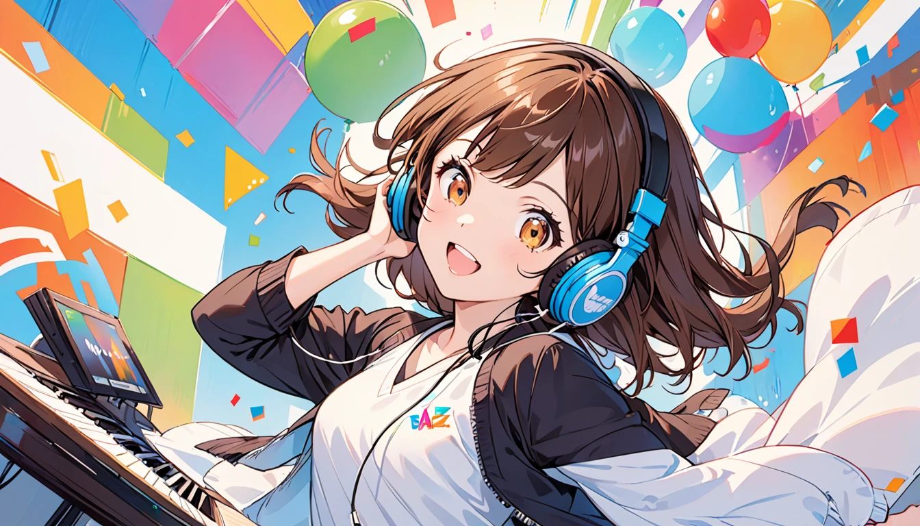 Girl wearing headphones,Brown Hair,One girl,fun,bright,jazz