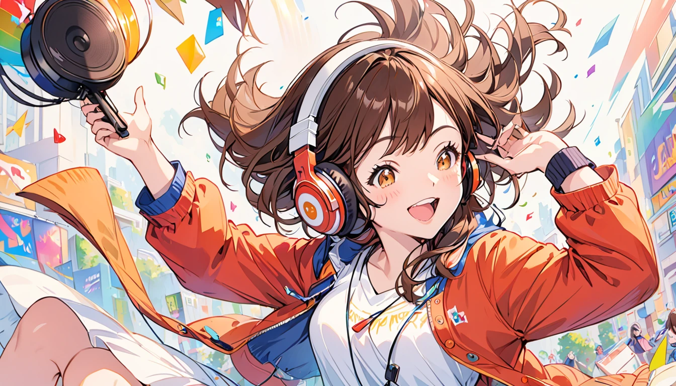 Girl wearing headphones,Brown Hair,One girl,fun,bright,jazz