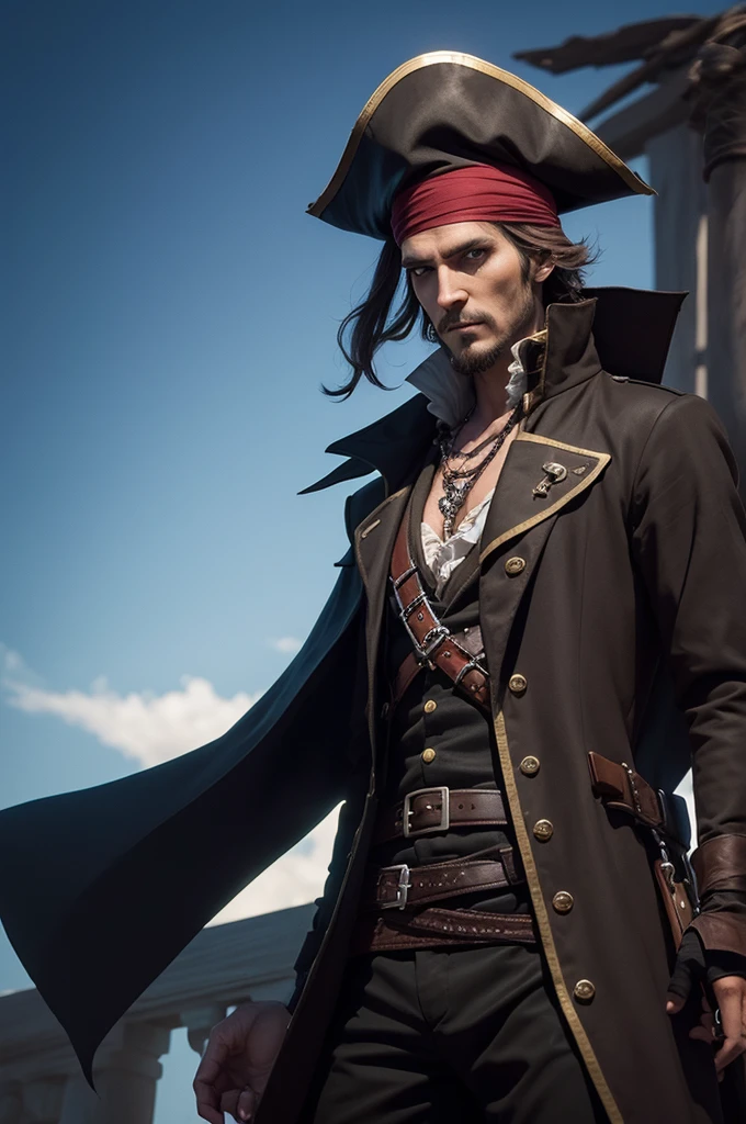 Create me a tall man, pirate with shadow powers, make him a little dark