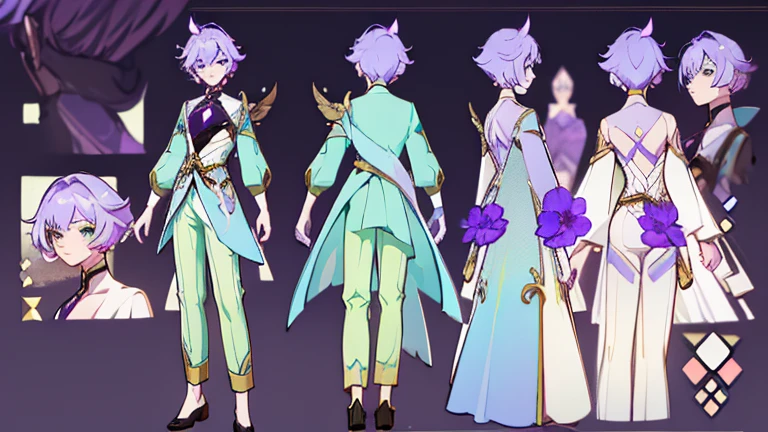 (Masterpiece, best quality), detailed, 1 woman, ((character concept art)), ((character design sheet, same character, front, side, back)), full body, body complete, 1 female, 1 women. Detailed face, character design sheet full body, Highly detailed, character sheet, character design, Many parts, pale skin, green eyes, short purple hair, male hairstyle, short male hair, lavender flower, lavender flower reference, lavender flower character reference, lavender flower inspired, male clothes, male clothing, flat chest, Solarpunk, Solarpunk reference, Solarpunk inspired outfit, pants, white, gold, pastel purple, dark green outfit color palette.