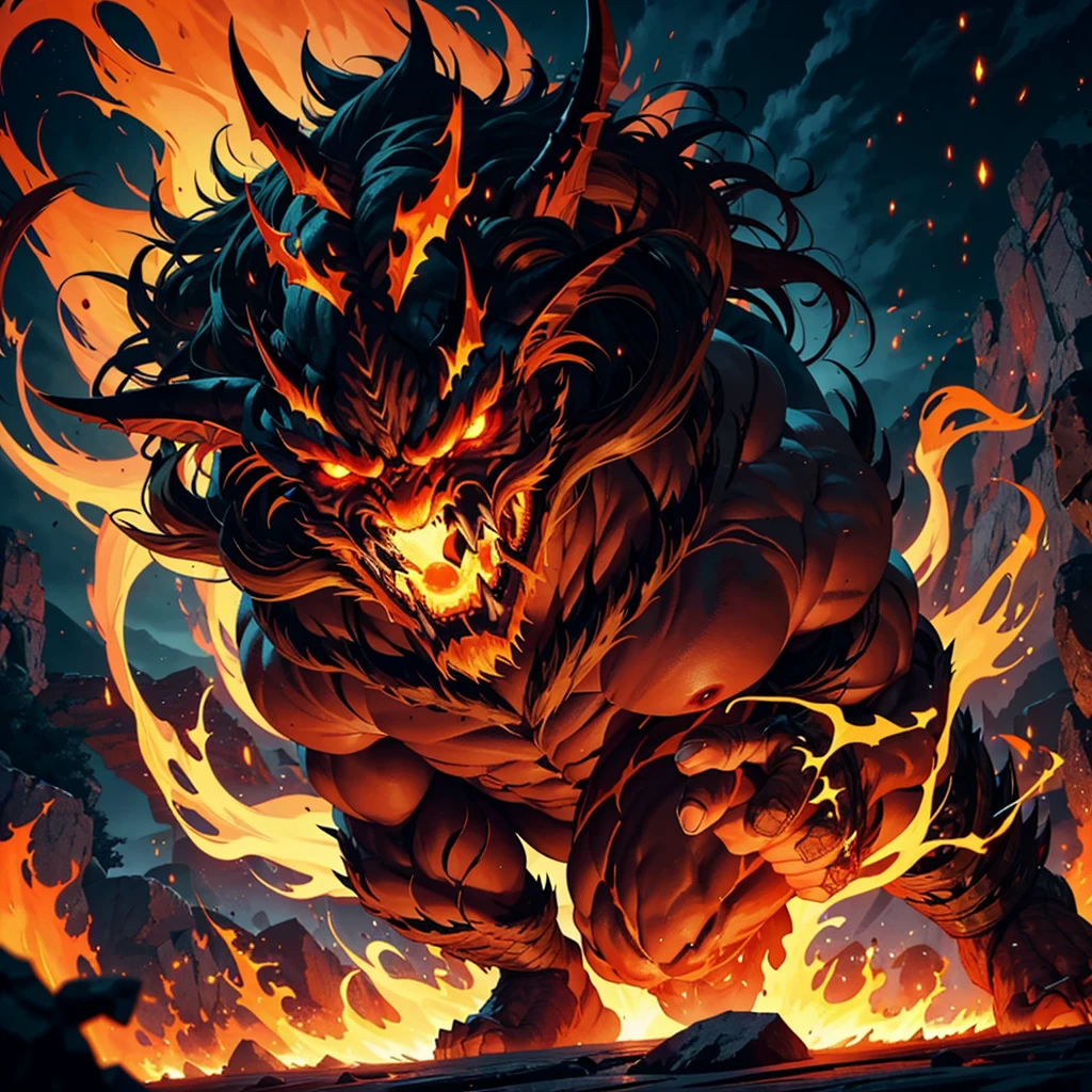 "Imagine a powerful male demon inspired by Final Fantasy's Ifrit. He has a muscular and imposing figure, with dark, fiery red skin. Sharp, menacing horns emerge from his head, and his eyes glow an intense yellow color. Its mouth is full of sharp, jagged teeth. Its body is adorned with tribal markings and scars, adding to its intimidating presence. Its hair is long and wild, resembling flames that cascade down its back. is enveloped in an aura of fire and heat. In the background, a dark volcanic scene with flowing lava and burning embers in the air."
