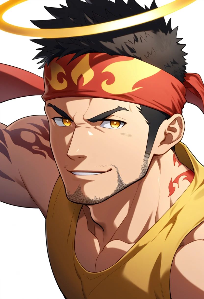 anime characters:Gyee, priapus, 1 young muscular man, male focus, Flame tattoo, sports Red headband, Dark Yellow spandex tight tank top, Very tight, muscular male, muscular, Round, firm and full chest muscles, only, Upper body, alone, Black short hair, Thick eyebrows, stubble, Yellow eyes, White background, simple background, amazing quality, best aesthetics, Ridiculous, bright pupils, crew cut, naughty face, torogao, parted lips, halo, god rays, best quality