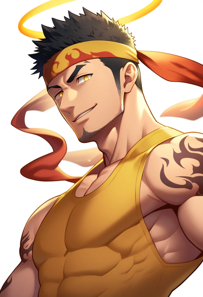 anime characters：Gyee, priapus, 1 young muscular man, male focus, Flame tattoo, sports Red headband, Dark Yellow spandex tight tank top, Very tight, muscular male, muscular, Round, firm and full chest muscles, only, Upper body, alone, Black short hair, Thick eyebrows, stubble, Yellow eyes, White background, simple background, amazing quality, best aesthetics, Ridiculous, bright pupils, crew cut, naughty face, torogao, parted lips, halo, god rays, best quality