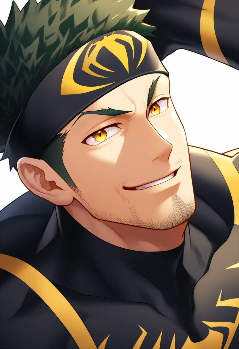 anime characters：Gyee, priapus, 1 young muscular man, male focus, sports Black headband, Black Spiderman Turtleneck Bodysuit, Spider-Man logo, muscular male, Round, firm and full chest muscles, only, Upper body, alone, Yellow short hair, stubble, Yellow eyes, Wink, White background, simple background, amazing quality, best aesthetics, Ridiculous, bright pupils, crew cut, naughty face, torogao, parted lips, best quality