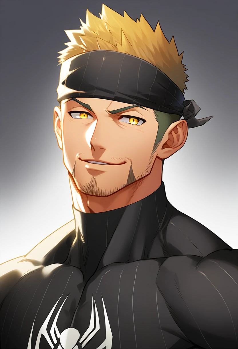 anime characters：Gyee, priapus, 1 young muscular man, male focus, sports Black headband, Black Spiderman Turtleneck ????????, Spider-Man logo, muscular male, Round, firm and full ????? muscles, only, Upper body, alone, Yellow short hair, stubble, Yellow eyes, Wink, White background, simple background, amazing quality, best aesthetics, Ridiculous, bright pupils, crew cut, naughty face, torogao, parted lips, best quality