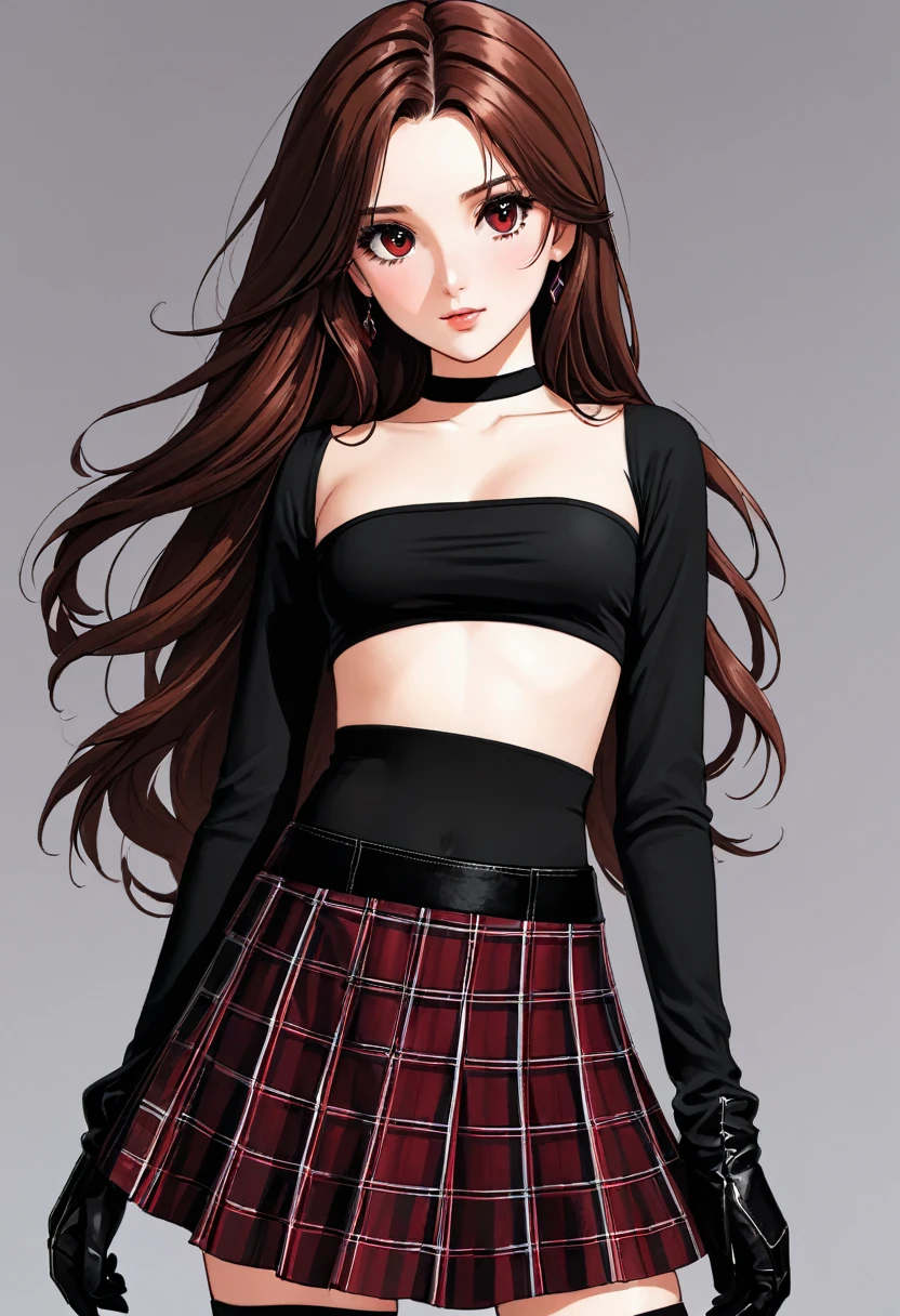 Long brown haired girl with grey eyes wears black tube top with long sleeves gloves and dark red checkered skirt.