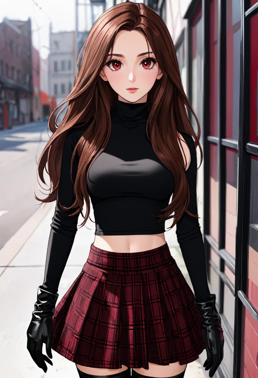 Long brown haired girl with grey eyes wears black tube top with long sleeves gloves and dark red checkered skirt.