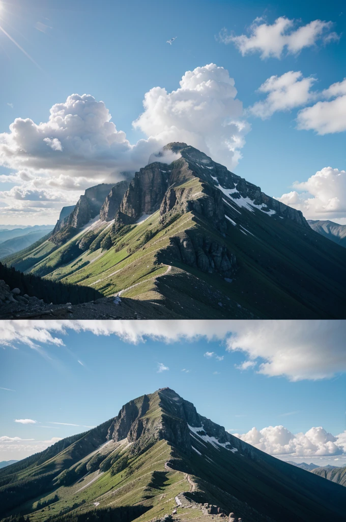 Closed up mountain where people hike, no human, clear light blue sky with clouds